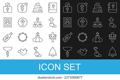 Set line Church bell, Christian cross, Babel tower bible story, icon, Donation for church and Priest icon. Vector