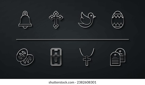 Set line Church bell, Christian bread, Easter egg, cross on chain, phone, Holy bible book and Dove icon. Vector