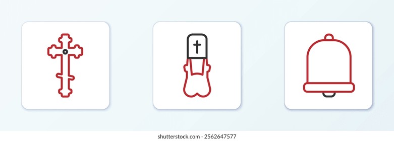 Set line Church bell, Christian cross and Priest icon. Vector