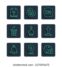 Set line Church bell, Location church building, Christian cross with globe, tower, sermon tribune, Calendar Easter and Grave icon. Vector