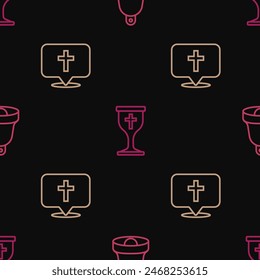 Set line Church bell, Location church building and Christian chalice on seamless pattern. Vector
