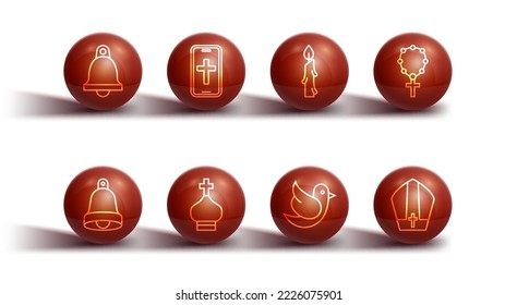 Set line Church bell, Rosary beads religion, Dove, Christian church tower, cross phone, Pope hat and Burning candle icon. Vector