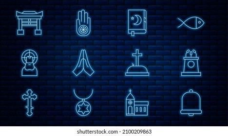 Set line Church bell, Stage stand or tribune, Holy book of Koran, Hands in praying position, Jesus Christ, Japan Gate, Tombstone with cross and Jainism Jain Dharma icon. Vector