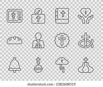 Set line Church bell, tower, Holy bible book, Christian cross, Online church pastor preaching, Hands praying position, God's helping hand and fish icon. Vector