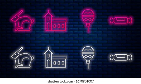 Set line Church building, Balloons with ribbon, Easter rabbit and Candy. Glowing neon icon on brick wall. Vector
