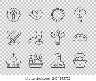 Set line Church building, Basket with easter eggs, Crown of thorns, Burning candle candlestick, Christian cross, Goblet bread, Knight crusader and Bread loaf icon. Vector