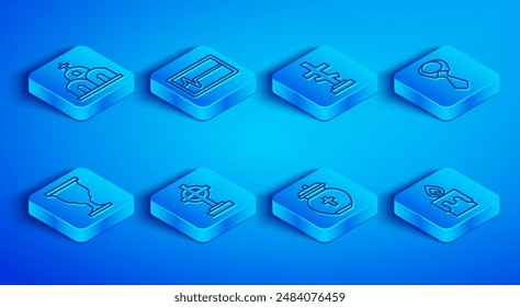 Set line Church building, Beat dead monitor, Grave with cross, Funeral urn, Tie, Christian chalice and Burning candle icon. Vector
