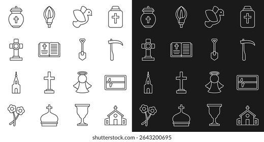 Set line Church building, Beat dead monitor, Scythe, Dove, Holy bible book, Grave with cross, Funeral urn and Shovel icon. Vector