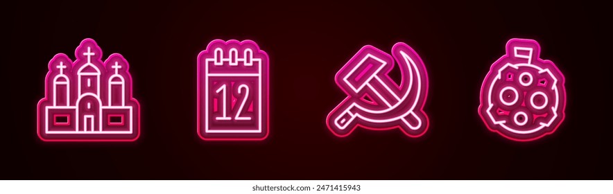 Set line Church building, Calendar 12 june, Hammer and sickle USSR and Moon with flag. Glowing neon icon. Vector