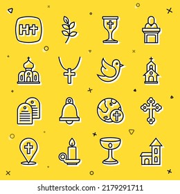 Set line Church building, Christian cross, chalice, on chain,  and Dove icon. Vector