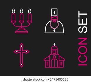 Set line Church building, Christian cross, Priest and Candelabrum with candlesticks icon. Vector