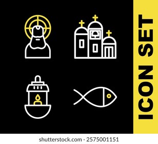 Set line Church building, Christian fish, Ramadan Kareem lantern and Jesus icon. Vector