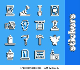Set line Church building, Christmas angel, Grave with cross, Shovel, Coffin, Death certificate hand, tombstone and Signboard icon. Vector