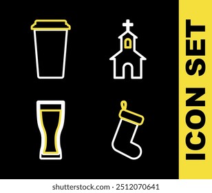 Set line Igreja edifício, meia de Natal, Vidro de cerveja e ícone de copo de café. Vetor