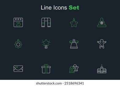 Set line Church building, Christmas mittens, Gift box, Envelope, Holiday gingerbread man cookie, Angel, star and toy icon. Vector