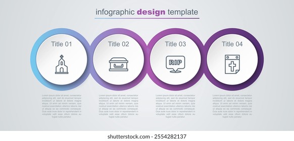 Set line Church building, Coffin with cross, Speech bubble rip death and Calendar. Business infographic template. Vector