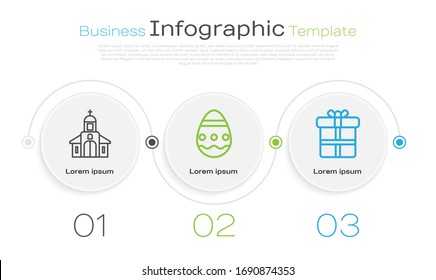 Set line Church building, Easter egg and Gift box. Business infographic template. Vector