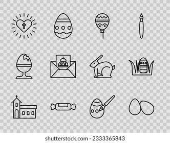 Set line Church building, Easter eggs, Balloons with ribbon, Candy, Christian cross heart, Greeting card Happy, paint brush and  icon. Vector