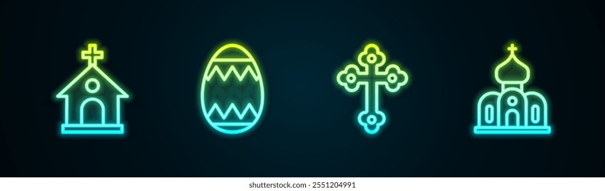 Set line Church building, Easter egg, Christian cross and . Glowing neon icon. Vector