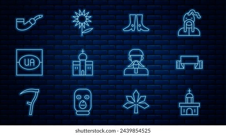 Set line Church building, Embroidered towel, Ukrainian footwear, Flag of Ukraine, Smoking pipe, cossack and Sunflower icon. Vector