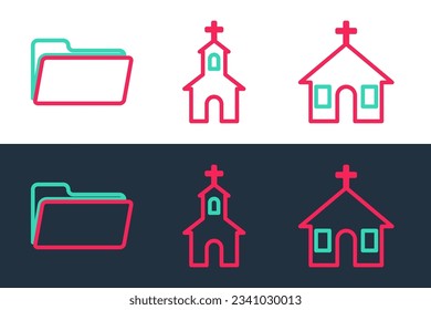 Set line Church building, Folder and  icon. Vector