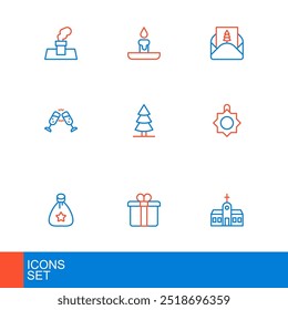 Set line Church building, Gift box, Santa Claus bag gift, Christmas toy, Glass of champagne, tree, Envelope and Burning candle icon. Vector