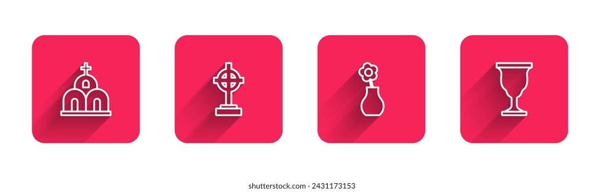 Set line Church building, Grave with cross, Flower vase and Christian chalice with long shadow. Red square button. Vector