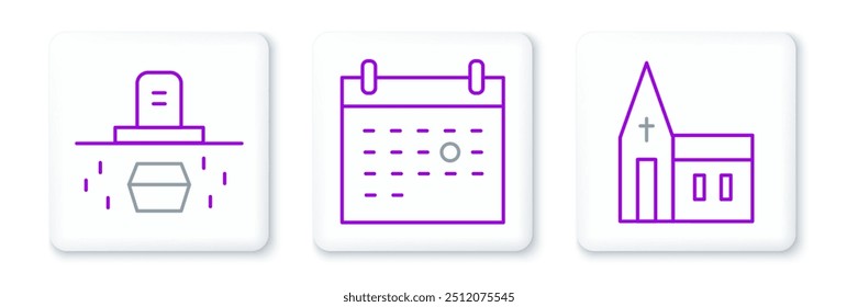 Set line Church building, Grave with coffin and Calendar death icon. Vector