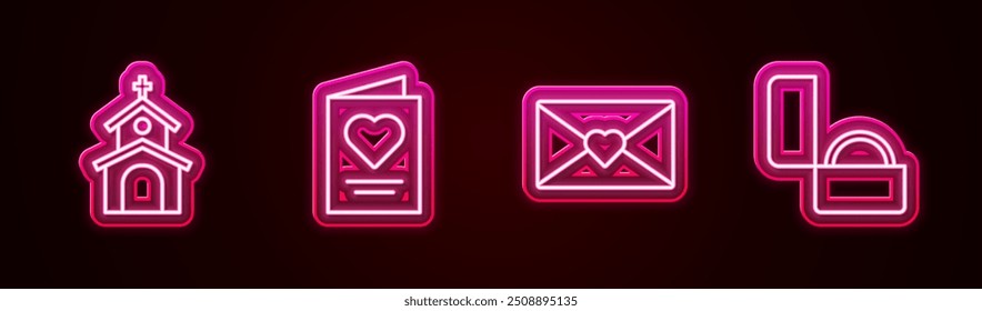 Set line Church building, Greeting card, Envelope with Valentine heart and Diamond engagement ring. Glowing neon icon. Vector