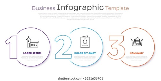 Set line Igreja edifício, cartão de saudação com Feliz Páscoa e ovo de Páscoa. Modelo de infográfico comercial. Vetor