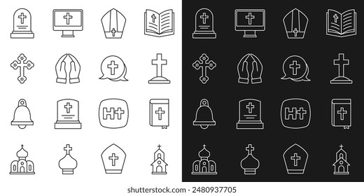 Set line Church building, Holy bible book, Grave with cross, Pope hat, Hands praying position, Christian, tombstone and  icon. Vector