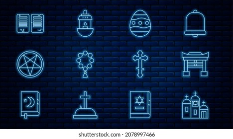 Set line Church building, Japan Gate, Easter egg, Rosary beads religion, Pentagram circle, The commandments, Christian cross and Ramadan Kareem lantern icon. Vector