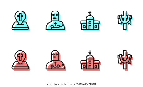 Set line Church building, Location church, Knight crusader and Christian cross icon. Vector