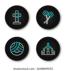 Set line Church building, Memorial wreath, Flower and Grave with cross icon. Vector