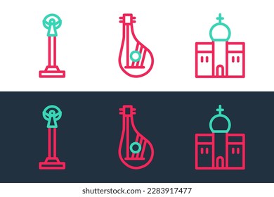 Set line Church building, Monument of Independence and Bandura icon. Vector