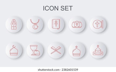 Set line Church building, Muslim Mosque, Cross ankh book, tower, Hands praying position, Star crescent chain, Holy grail or chalice and of Koran icon. Vector