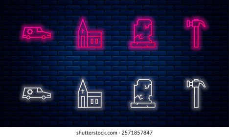 Set line Church building, Old grave with tombstone, Hearse car and Hammer. Glowing neon icon on brick wall. Vector