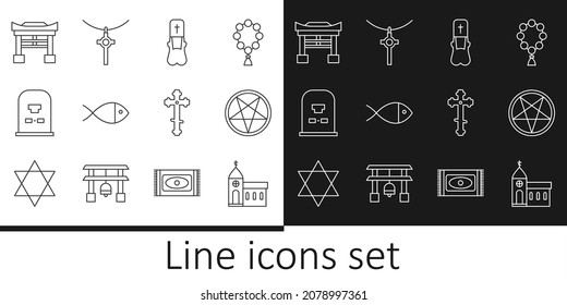 Set line Church building, Pentagram a circle, Priest, Christian fish, Tombstone with RIP written, Japan Gate, cross and chain icon. Vector