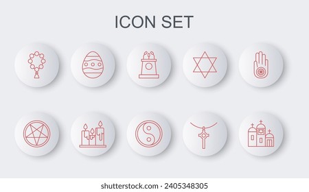 Set line Church building, Pentagram a circle, Stage stand or tribune, Christian cross on chain, Rosary beads religion, Easter egg, Burning candles and Yin Yang icon. Vector