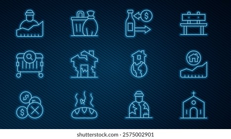 Set line Church building, Rising cost of housing, Reception glass bottles, Ruined house, Searching for food, Growth homeless, Shelter and Trash can icon. Vector