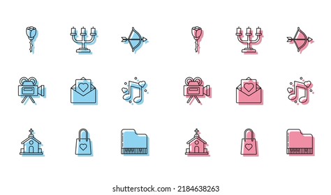 Set line Church building, Shopping bag with heart, Flower rose, Grand piano, Envelope Valentine, Music note, tone hearts, Cinema camera and Candlestick icon. Vector