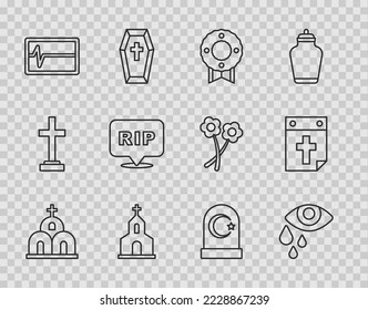 Set line Church building, Tear cry eye, Memorial wreath, Beat dead monitor, Speech bubble rip death, Muslim cemetery and Calendar icon. Vector