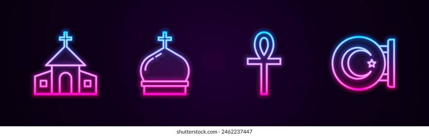 Set line Church building, tower, Cross ankh and Star and crescent. Glowing neon icon. Vector