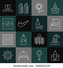 Set line Church building, Ukrainian cossack, house, Sunflower, Smoking pipe, Flag of Ukraine, footwear and Vodka with pepper and glass icon. Vector
