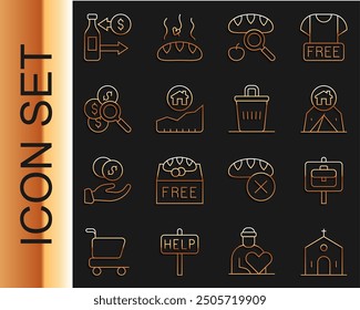 Set line Church building, Work search, Tourist tent, Searching for food, Rising cost of housing, money, Reception glass bottles and Trash can icon. Vector