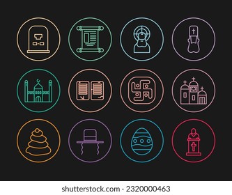 Set line Church pastor preaching, building, Jesus Christ, The commandments, Muslim Mosque, Tombstone with RIP written, Jainism and Decree, paper, parchment, scroll icon. Vector