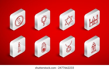 Set line Church pastor preaching, Rosary beads religion, Star of David, Muslim Mosque, necklace chain, Yin Yang, Jainism Jain Dharma and Burning candle icon. Vector