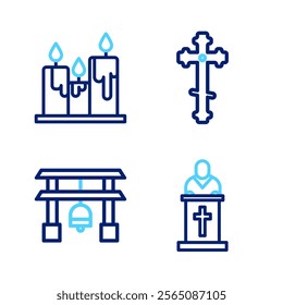 Set line Church pastor preaching, Japan Gate, Christian cross and Burning candles icon. Vector