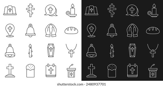 Set line Church sermon tribune, Christian cross chain, bread, bell, Location church building, Pope hat and Hands praying position icon. Vector