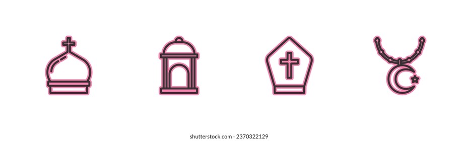 Set line Church tower, Pope hat, Muslim Mosque and Star and crescent on chain icon. Vector